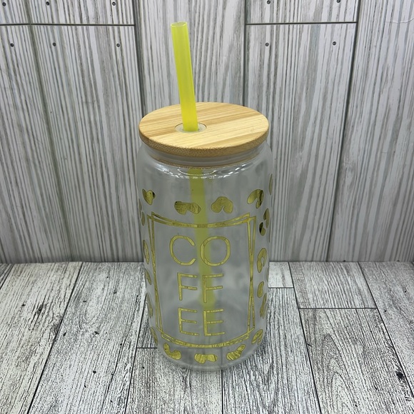 Handmade tumbler Clear Coffee Jar with Yellow Straw and Lid - Picture 5 of 8